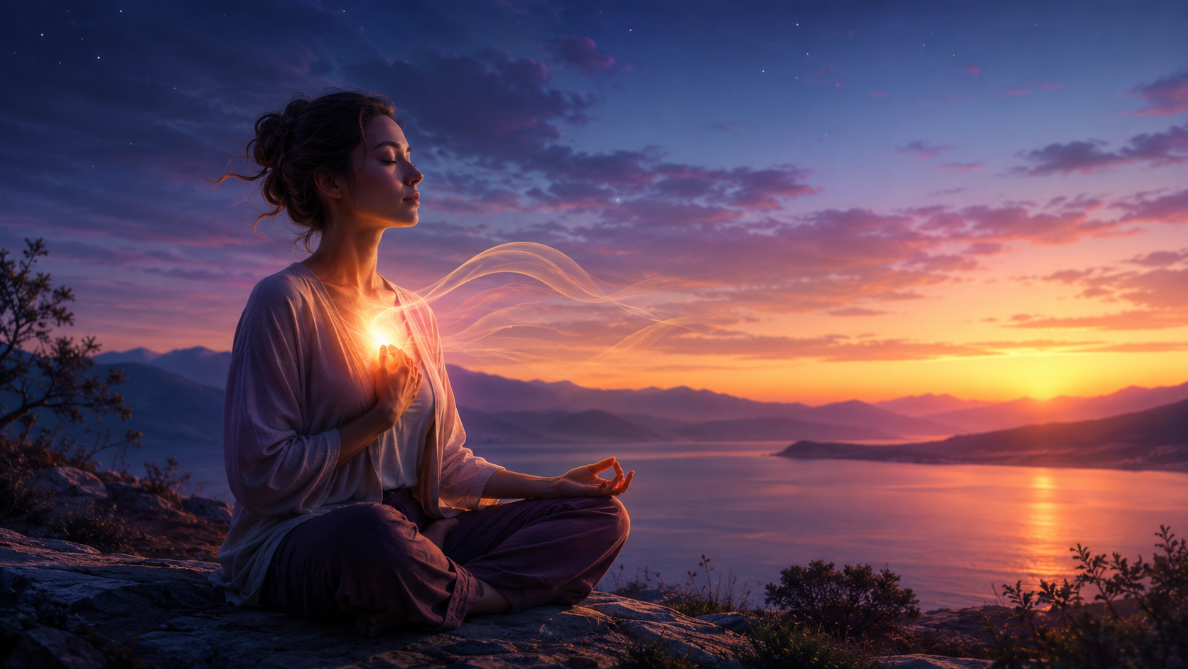 Meditación al amanecer en la montaña
