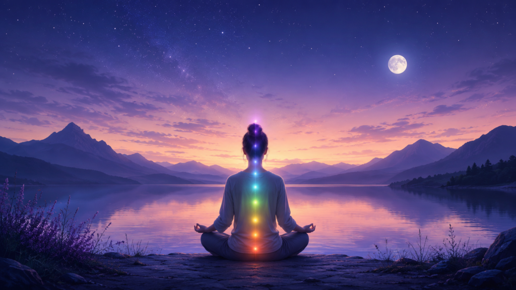 Persona meditando frente a un lago con los siete chakras iluminados a lo largo del cuerpo