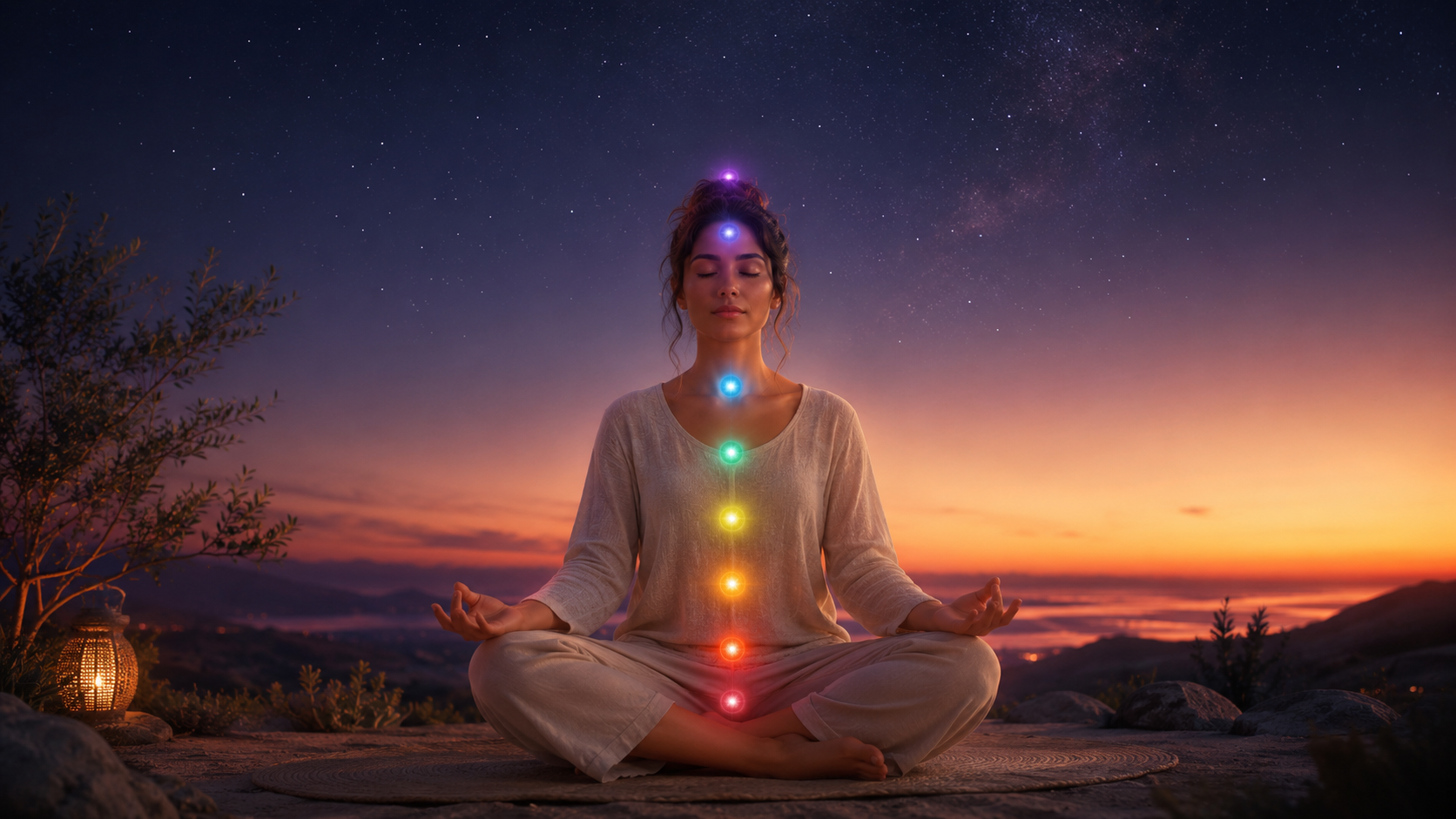 Silueta meditando con los siete chakras representados en el cuerpo