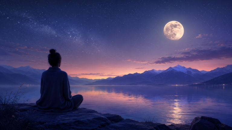 Persona meditando frente a un paisaje nocturno