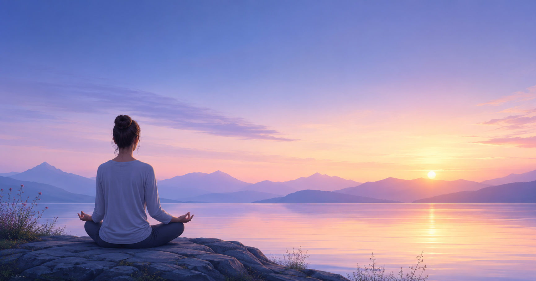 Persona meditando en calma frente a un paisaje tranquilo