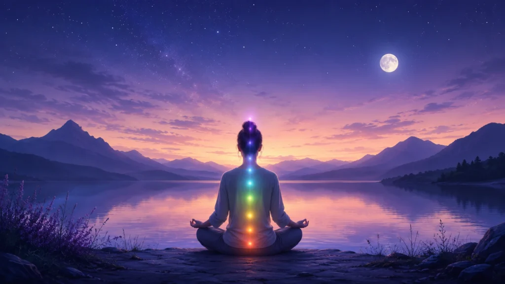 Persona meditando frente a un lago con los siete chakras iluminados a lo largo del cuerpo