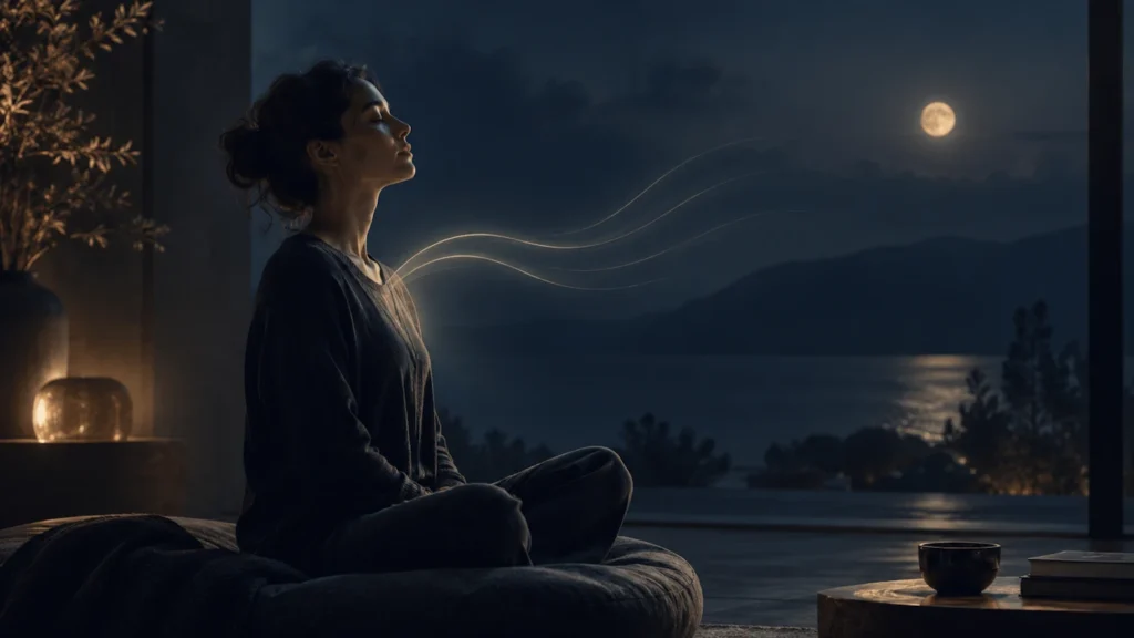 Mujer practicando respiración consciente de noche frente al mar, con líneas suaves que representan el flujo de la respiración