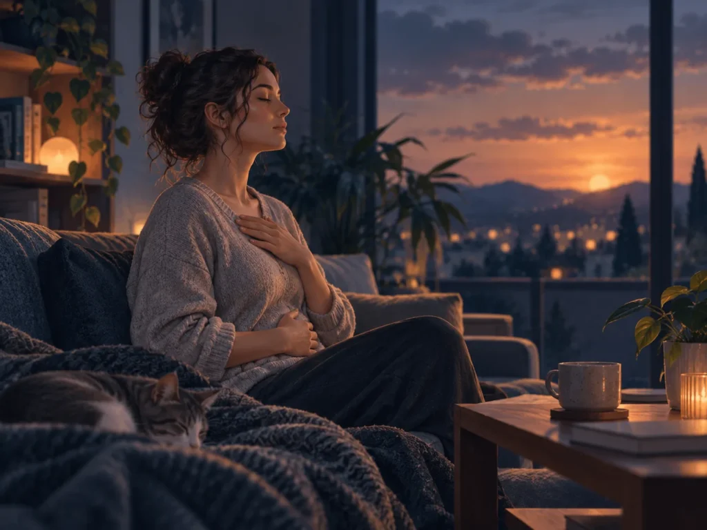 Mujer haciendo una pausa consciente al atardecer con una mano en el pecho y otra en el abdomen